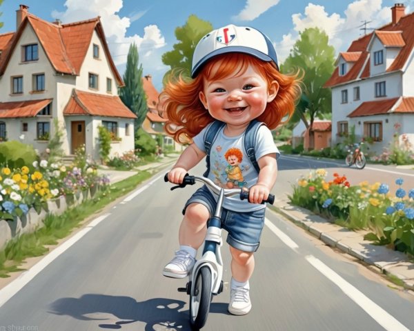 Cheerful toddler with red hair riding a bicycle outdoors