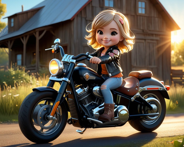 Young girl confidently rides black motorcycle at sunset