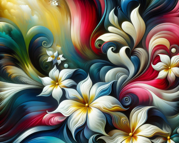 Vibrant Abstract Scene with Swirling Colors and Flowers