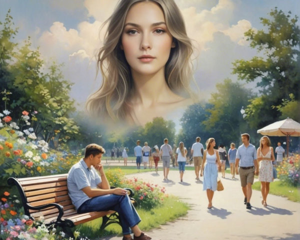 Vibrant Park Scene with Serene Young Woman and People