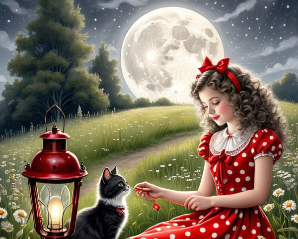 Young girl in polka dot dress with cat at night scene