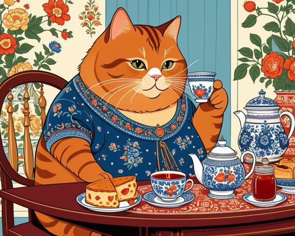Orange Striped Cat in Blue Dress at Tea Table