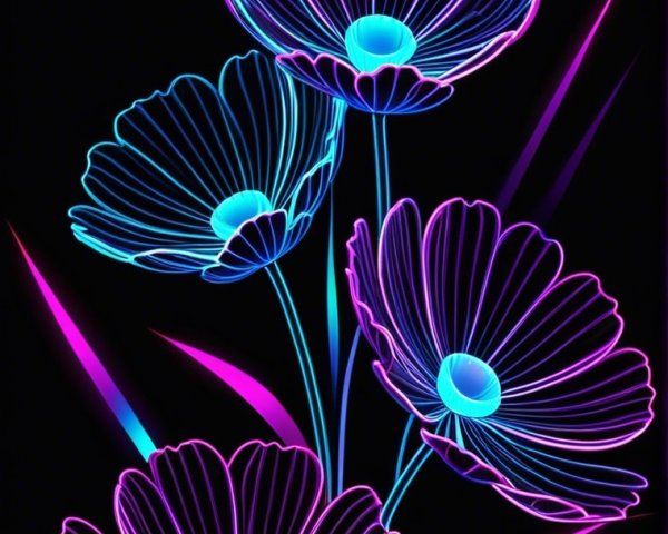 Neon Flower Outline Art on Black Background