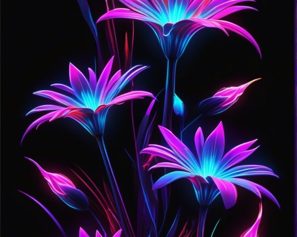 Glowing Flowers in Pink and Blue Against Dark Background