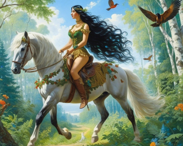 Woman on White Horse in Vibrant Forest Setting