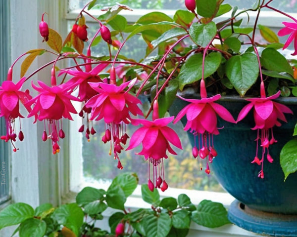Fuchsia Flowers in Blue Pot with Sunlit Backdrop