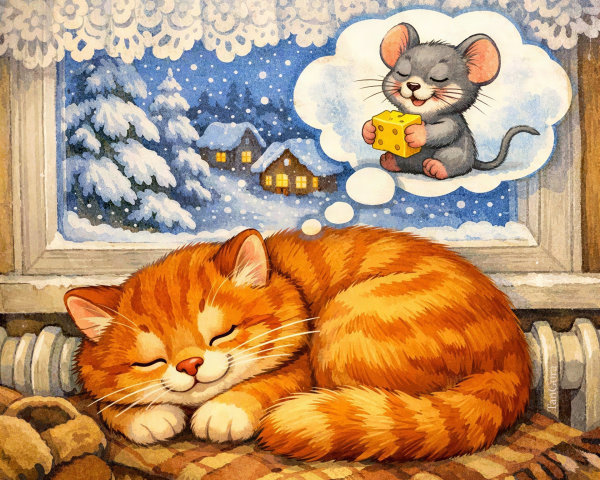 Fluffy Orange Tabby Cat Sleeping by Winter Village View