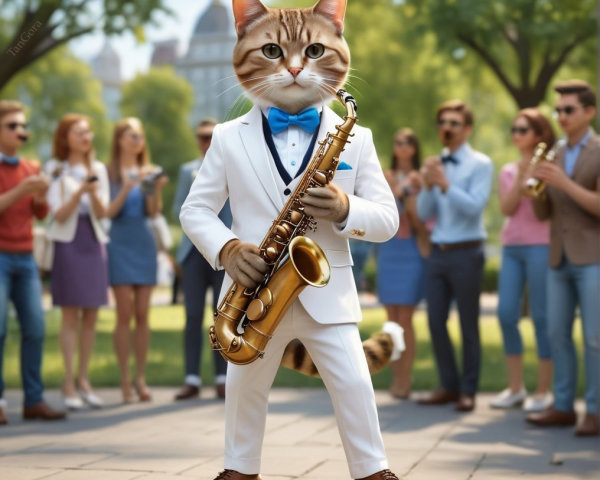 Whimsical Park Scene with Cat Playing Saxophone