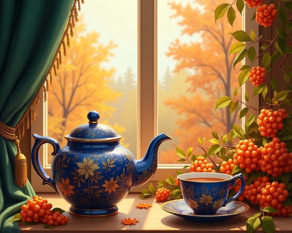 Elegant Table Setting with Floral Teapot and Autumn View
