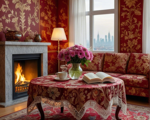 Cozy living room with floral wallpaper and city view