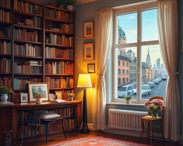 Cozy Room with Bookshelves and City View