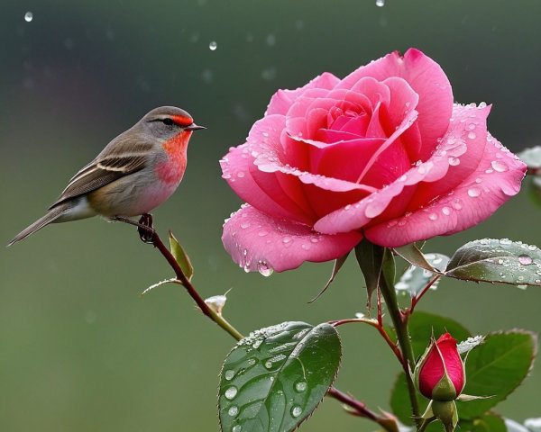 Small bird with red throat beside blooming pink rose