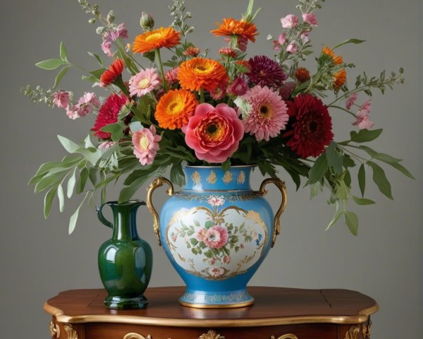Floral Arrangement in Blue Vase with Greenery Display
