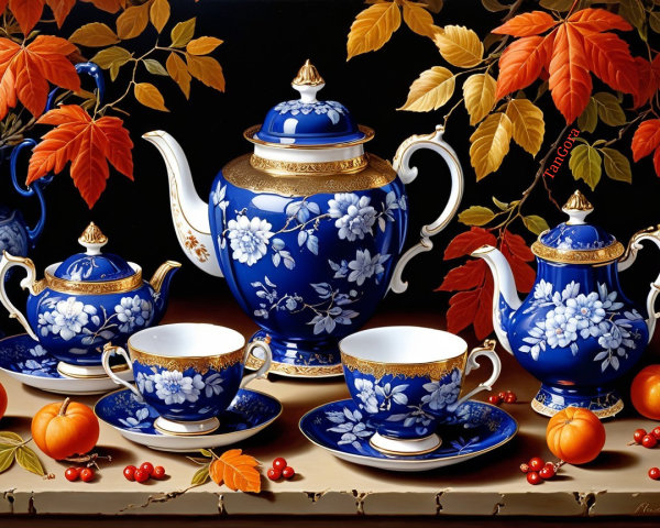 Vintage Blue Porcelain Tea Set with Floral Patterns