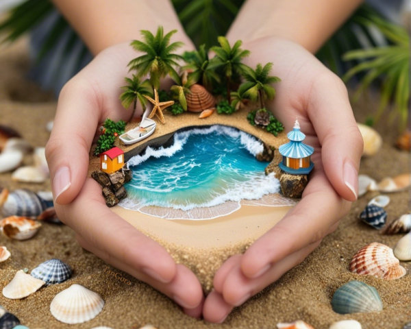 Miniature Tropical Scene with Beach and Palm Trees