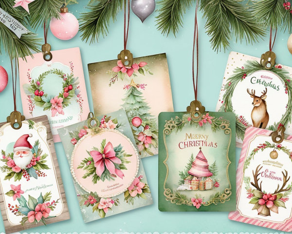 Watercolor Christmas Gift Tags Hanging from Pine Branches