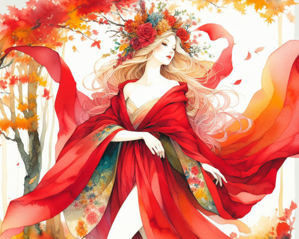 Graceful Woman in Red Robe Among Autumn Foliage
