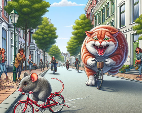 Whimsical Scene of Mouse and Cat on Bicycles