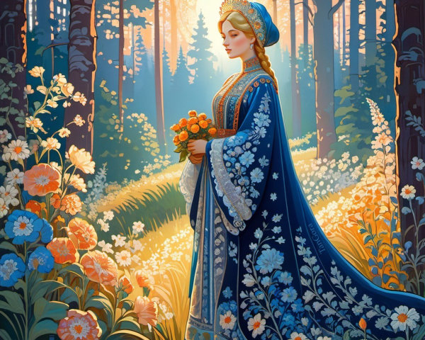 Woman in Blue Gown Surrounded by Vibrant Forest Glade