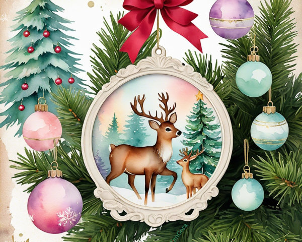 White Christmas Scene with Deer and Decorated Tree