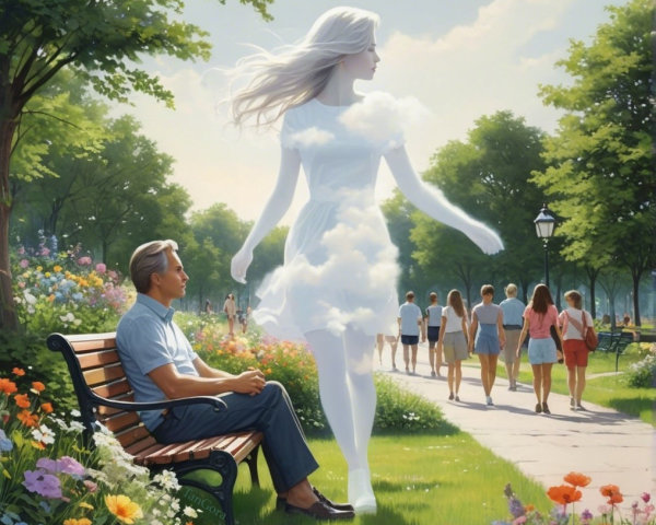 Man on Bench in Vibrant Park Surrounded by Flowers