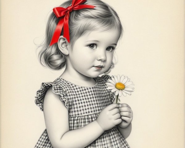 Young girl with daisy in checkered dress portrait
