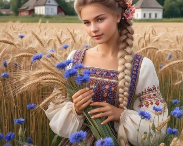 Young woman in wheat field with floral bouquet