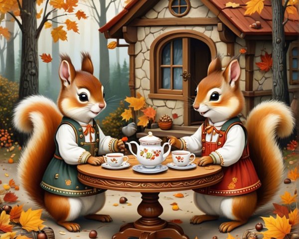 Charming Squirrels Enjoy Tea in Autumn Landscape