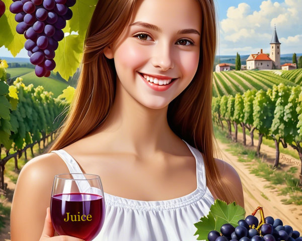 Young Woman in Vineyard with Grapes and Juice Glass