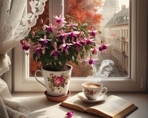 Cozy Window Scene with Fuchsia Plant and Coffee
