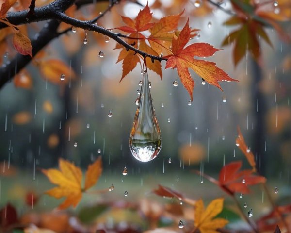 Close-Up of Autumn Leaves with Raindrops and Colors