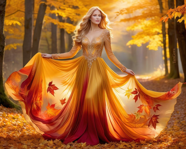Graceful figure in autumn forest with vibrant leaves