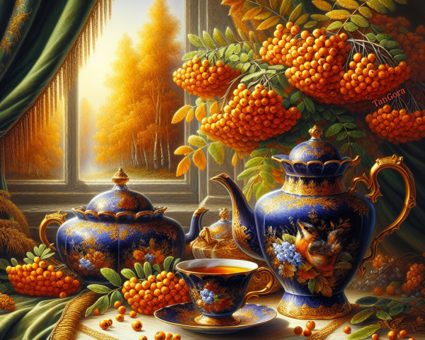 Ornate tea set with floral patterns and autumn backdrop