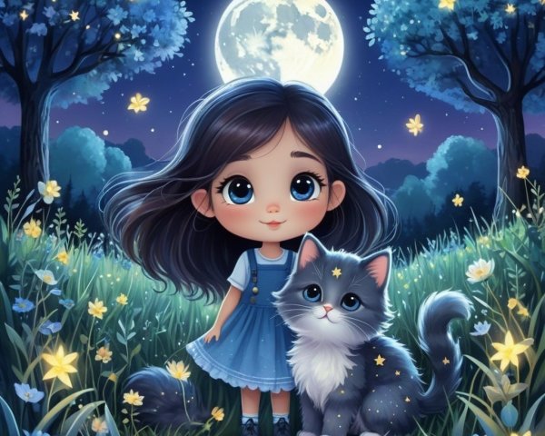Whimsical Night Scene of Girl and Cat in Moonlit Field