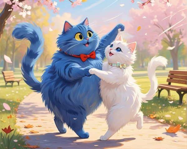 Cherry Blossoms and Cats Dancing in a Vibrant Park