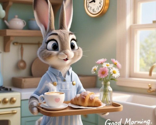 Cheerful Rabbit in Cozy Kitchen with Coffee and Croissant