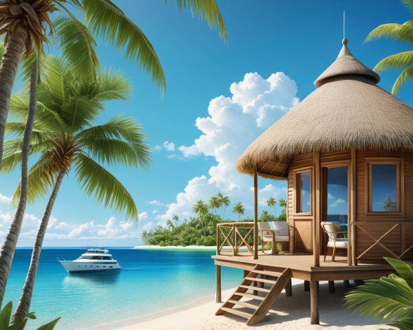 Tropical Scene with Wooden Hut Over Turquoise Waters