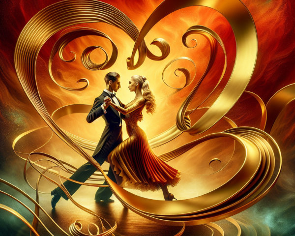 Ballroom Dance in Tuxedo and Red Dress with Ribbons