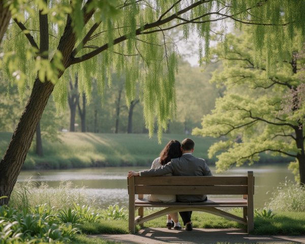 Couple on Bench in Lush Greenery and Tranquil Waters