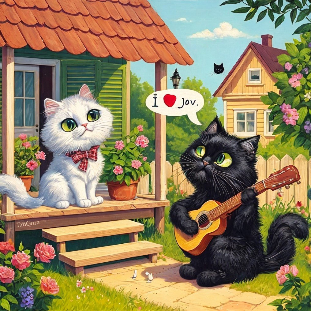 Whimsical Garden Scene with Cats and Flowers