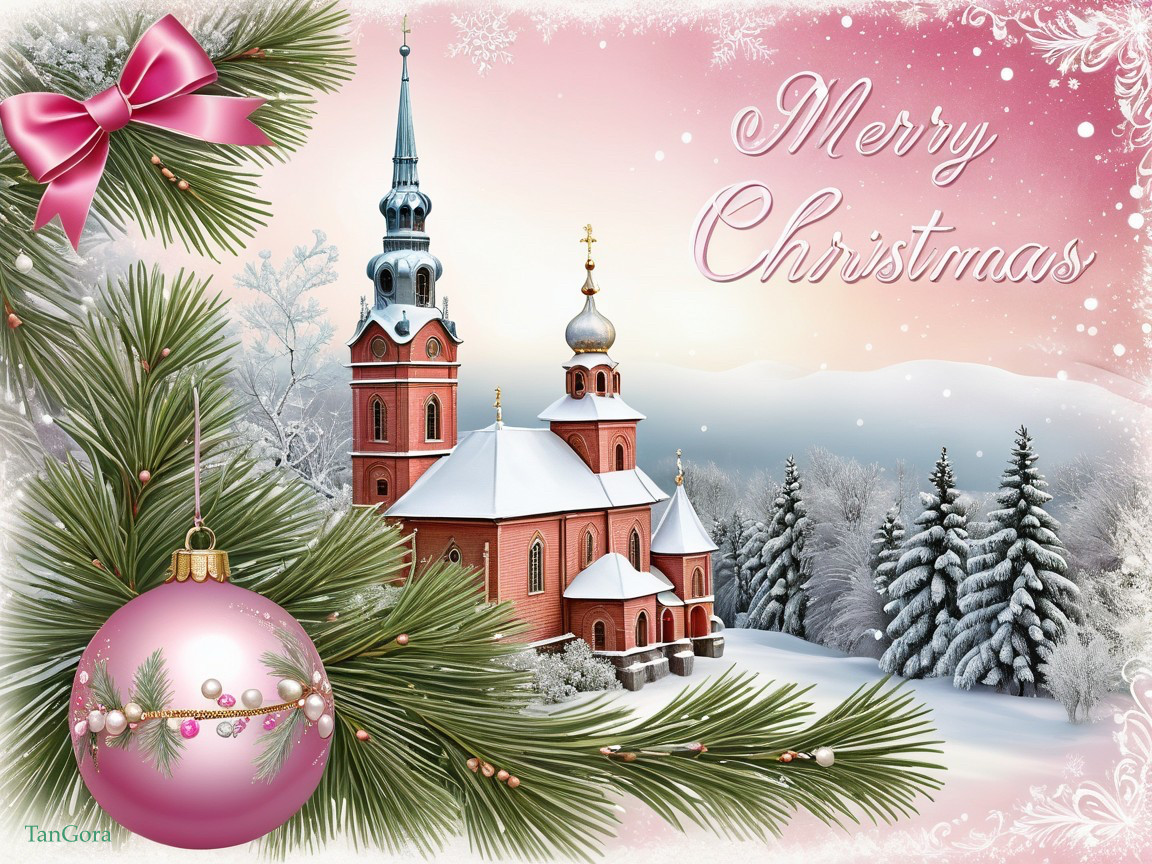 Winter Scene with Red Brick Church and Snowy Trees