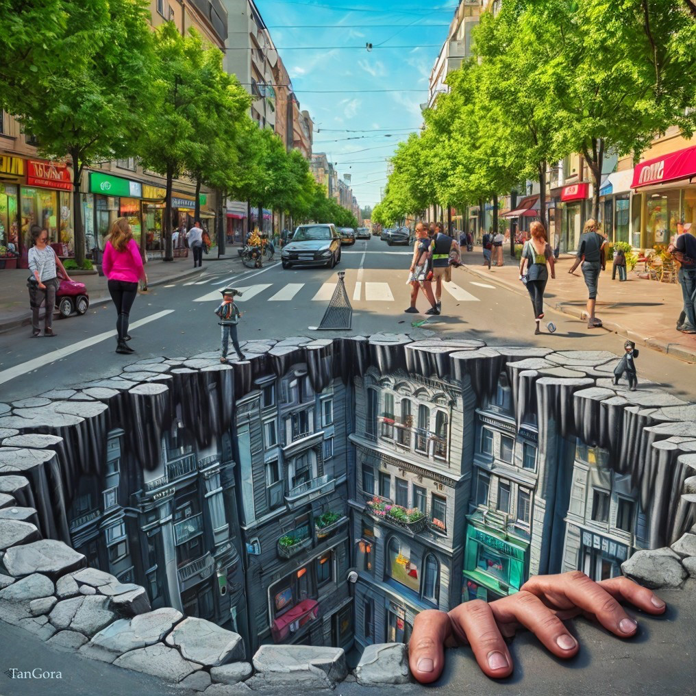 Urban Street Scene with 3D Illusion of Chasm