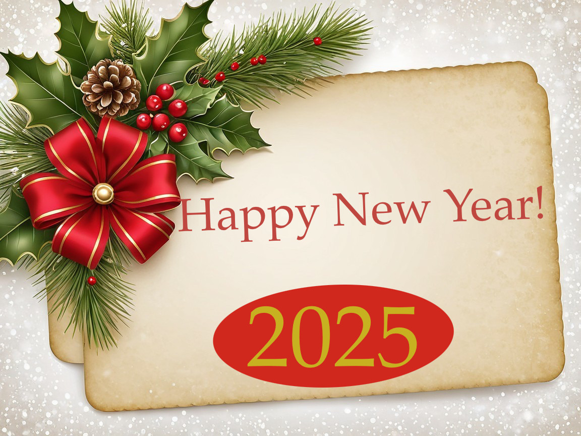 New Year Greeting Card with Holly and Pinecones