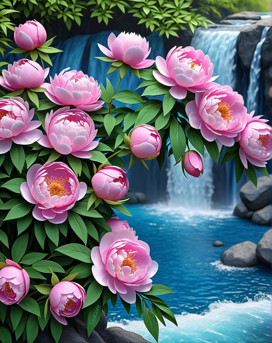 Lush Pink Peonies with Waterfall and Blue Pool