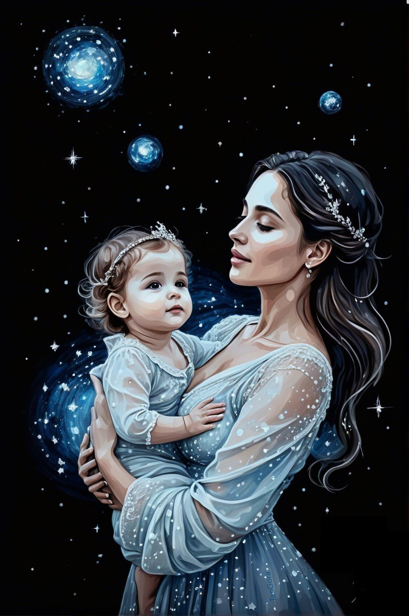 Serene cosmic scene with a woman and child in blue gowns
