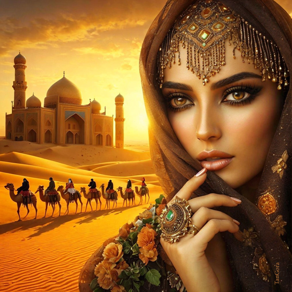 Elegant Woman in Veil with Jewelry and Desert Caravan