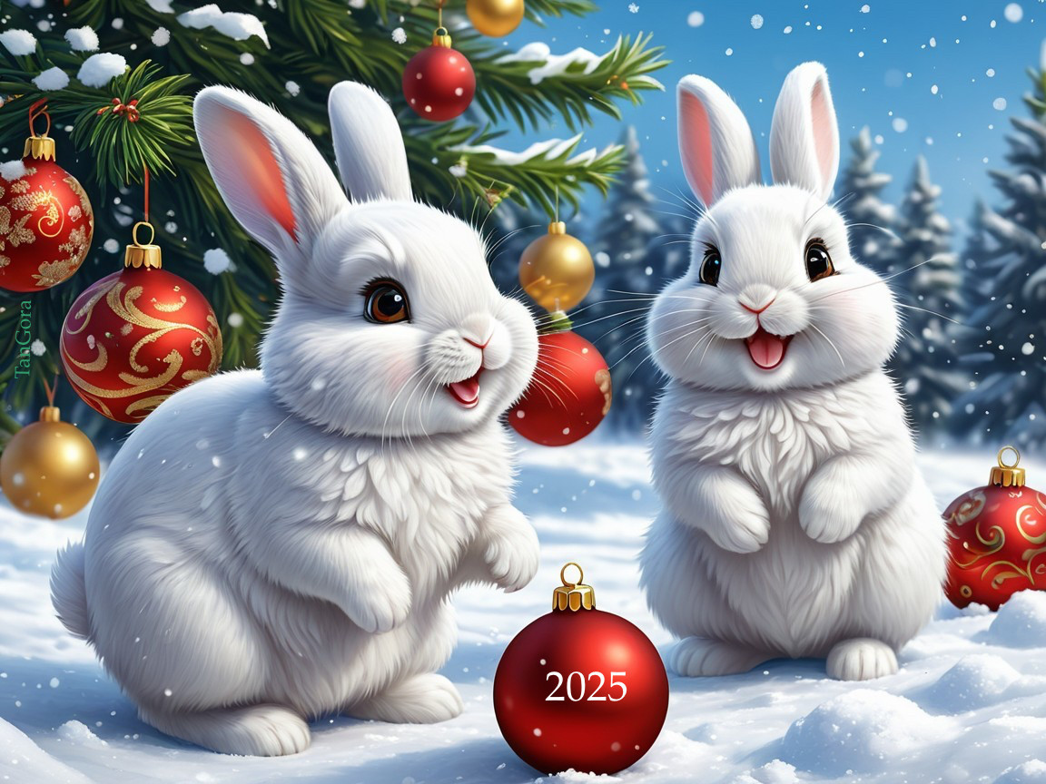 White Rabbits in Snowy Christmas Landscape with Tree
