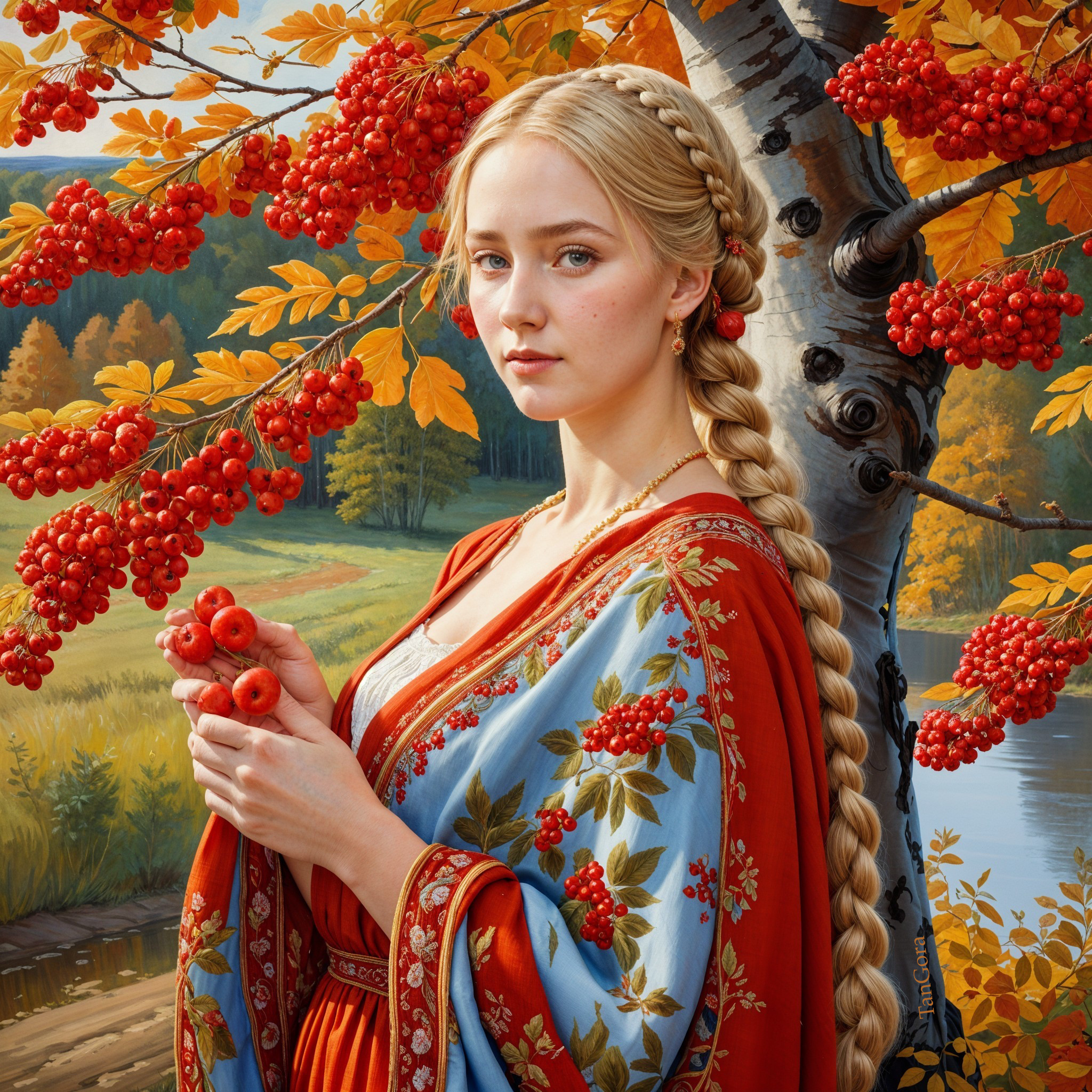 Young Woman by Birch Tree in Autumn Landscape