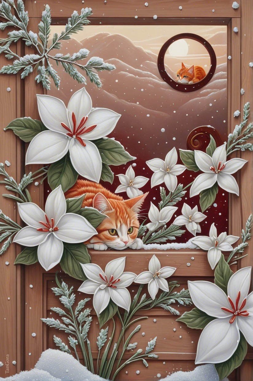 Ginger Cat on Snowy Windowsill with White Lilies