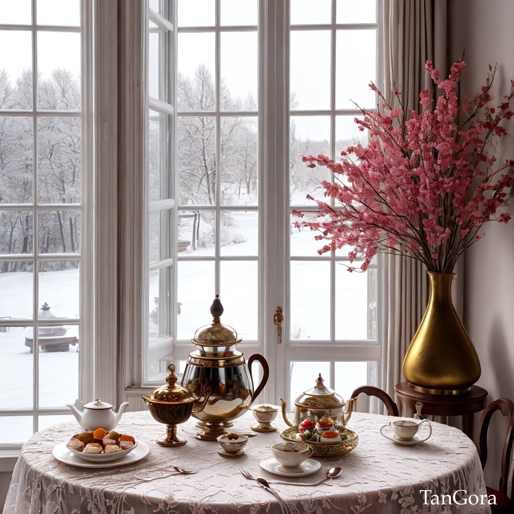 Cozy Winter Scene with Tea Set and Snowy View